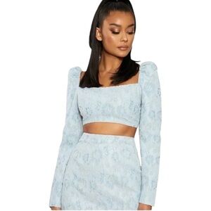NAKED WARDROBE Velvet Lace Blue Long Sleeve Crop Top - Small